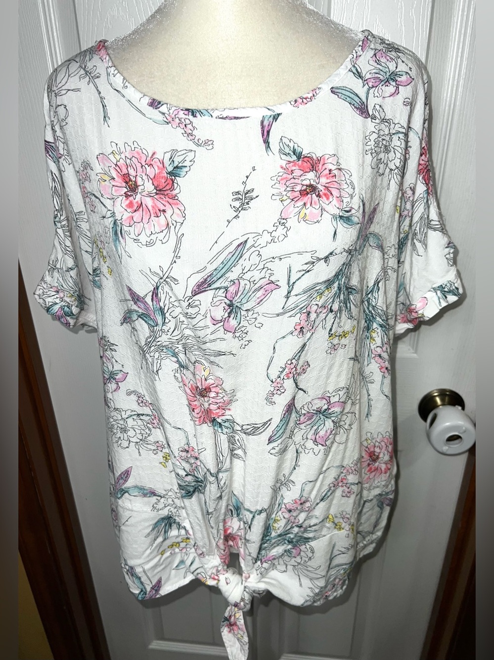 Buffalo David Bitton Blouse Top T Shirt Floral Ivory White/Multi Short Sleeve XL